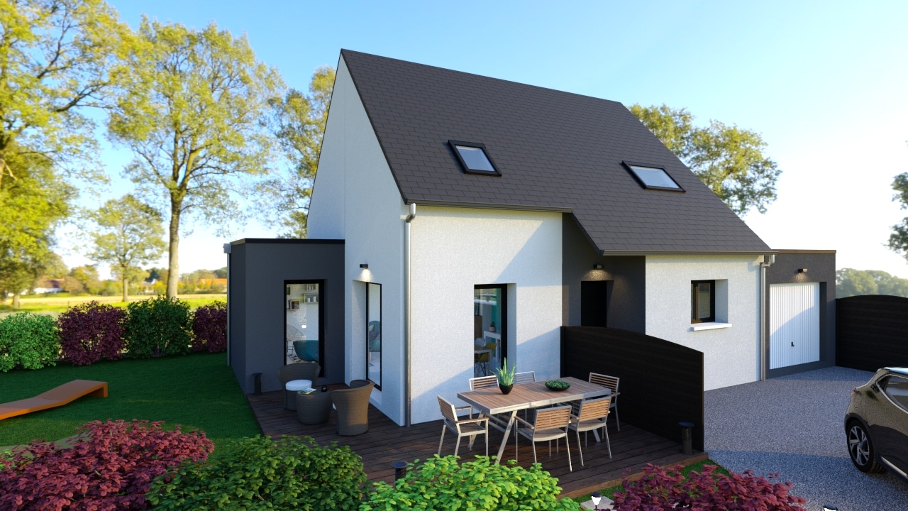 3D-Illustration von'einem traditionellen, familienfreundlichen Haus mit 107 m2 Wohnfläche
