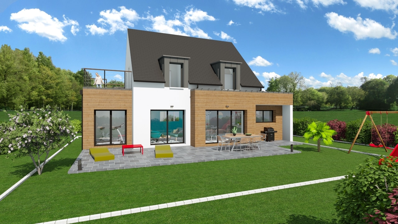 Illustration 3D d'une maison contemporaine avec son jardin et sa terrasse