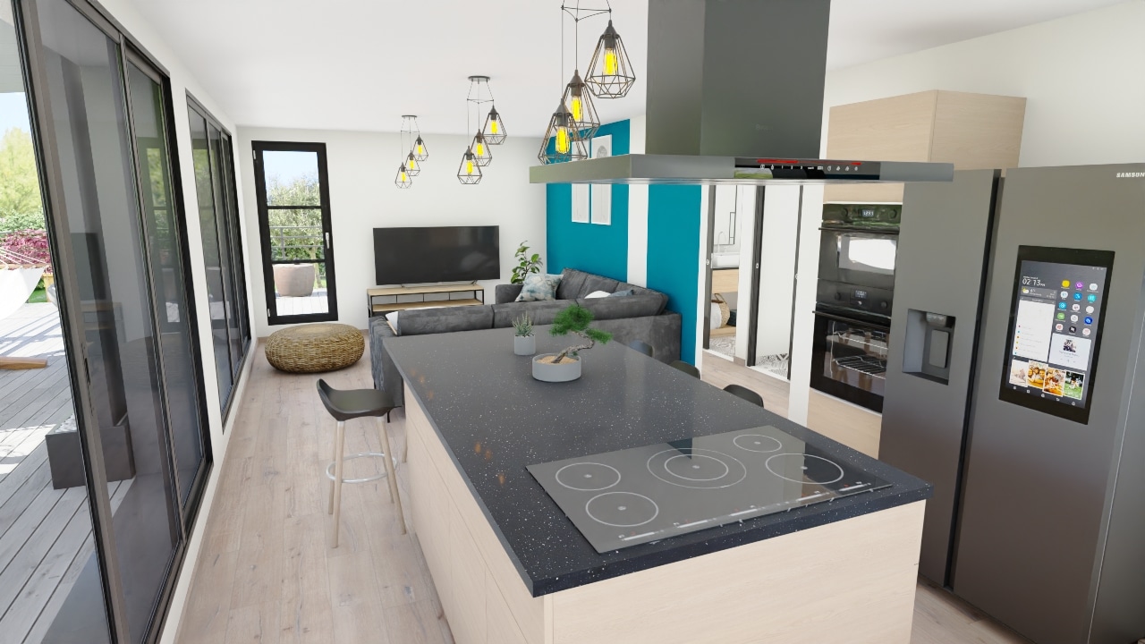 79 m² modern kitchen with central island, hob and grey fridge