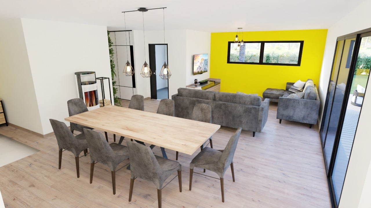 Living room with wooden table, two grey sofas and wall-mounted television.