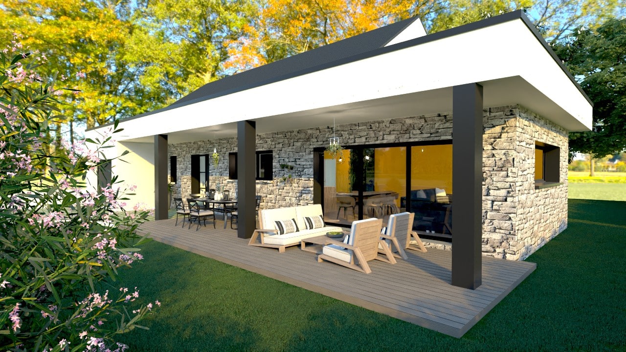 Illustration 3D d'une maison de plain pied contemporaine